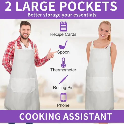 Vista 6 de Paquete de 12 delantales con peto, delantales unisex lisos, delantales blancos a granel con 2 bolsillos para adultos, cocina y pintura, lavable a