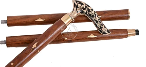 Vista 5 de Diseño de bastón de bastón estilo vintage de madera con mango victoriano de latón antiguo