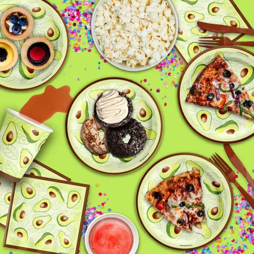 Vista 6 de Juego de suministros para fiesta de cumpleaños de aguacate, platos, servilletas, vasos, vajilla para 16