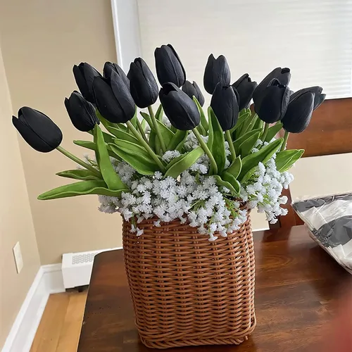 Vista 5 de UKELER 24 piezas de flores negras de tulipán, flores artificiales de poliuretano de tacto real para decoración del hogar, centros de mesa, arreglo