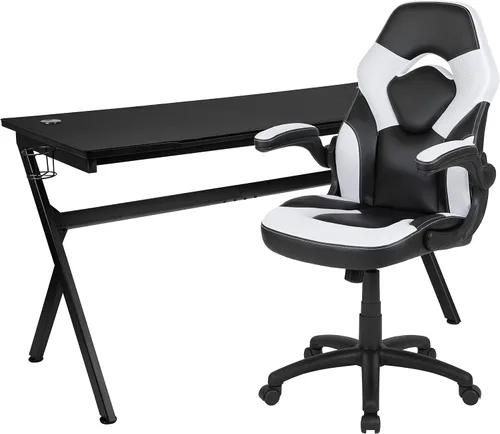 Vista 82 de Flash Furniture Juego de escritorio para juegos negro y silla de carreras blanco/negro con soporte para tazas, gancho para auriculares y soporte