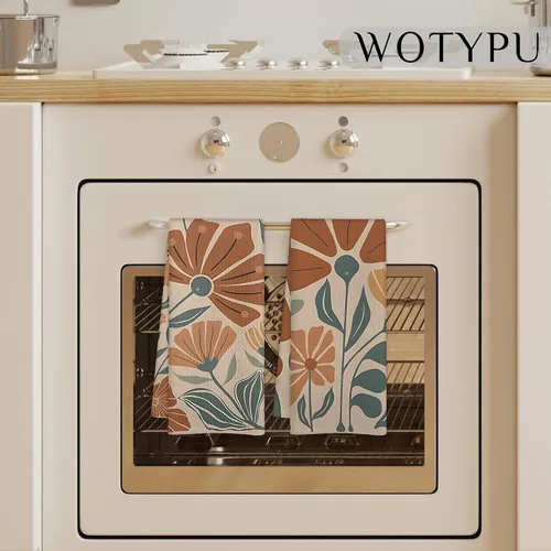 Vista 3 de Groovy - Juego de 2 toallas de cocina vintage bohemias, florales naranjas y verdes, estilo retro de los años 70, diseño botánico botánico