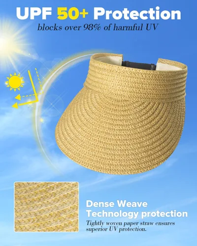 Vista 3 de Beach Sun Visor Hats for Women, Wide Brim UPF50+ Protection Straw Hat Packable Foldable Summer Beige