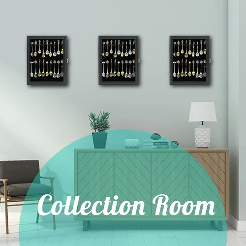 Vista 6 de 18 Recuerdo Cuchara de té vitrina de montaje en pared Bloqueable Protección UV Puerta de acrílico Soporte de exhibición de madera para la colección