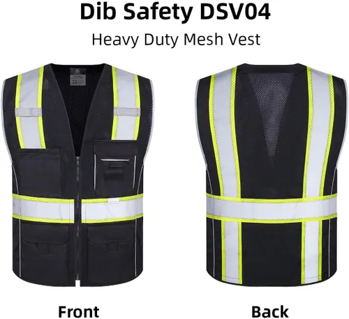 Vista 5 de Dib Safety Chaleco reflectante de malla negra, chaleco de alta visibilidad con bolsillos y cremallera, resistente, fabricado con cinta reflectante