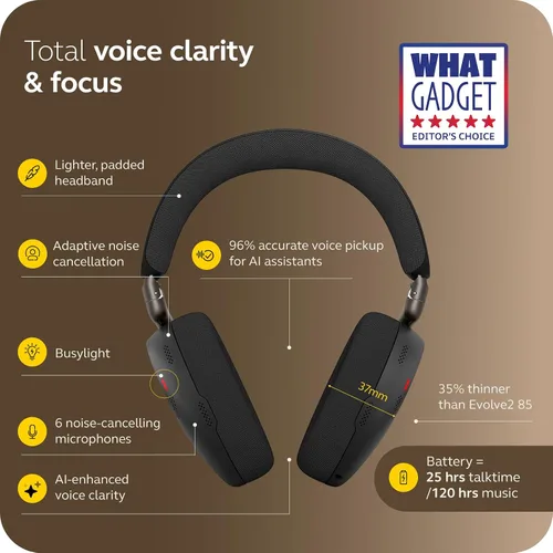 Vista 3 de Jabra Evolve3 85 - Auriculares inalámbricos Bluetooth con micrófono para el trabajo, USB-A, tecnología de llamada de voz AI, cancelación activa
