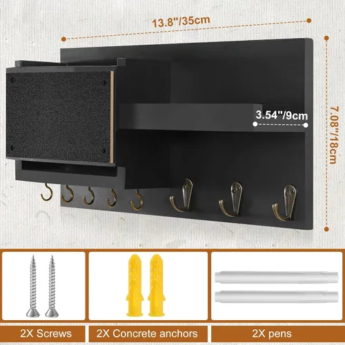 Vista 2 de Estante decorativo para colgar llaves con 8 ganchos, fácil de instalar, soporte de madera natural para llaves y correo para montaje en pared