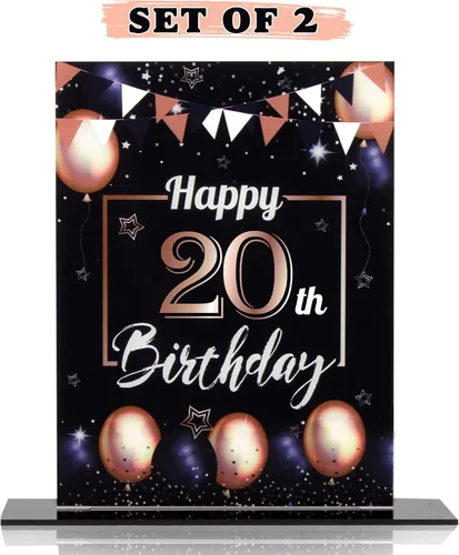 Vista 191 de LINGTEER Decoraciones de feliz cumpleaños número 11, 2 piezas de soporte de acrílico con impresión de pie rosa y azul, tablero de telón de fondo