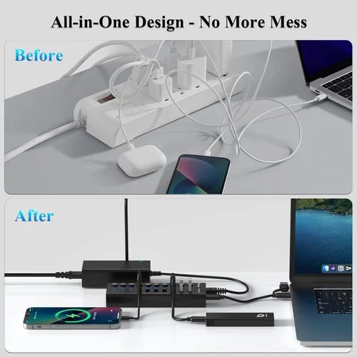 Vista 6 de Concentrador USB con alimentación, concentrador USB C de 10 puertos con 6 USB-A 3.2, 4 puertos USB-C 3.2, interruptores individuales y adaptador