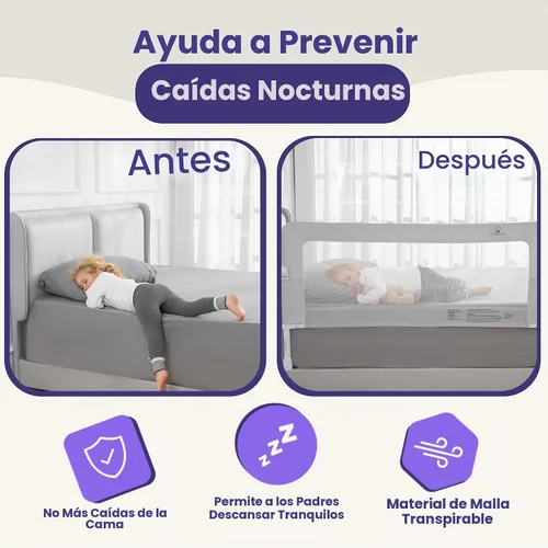 Vista 4 de ComfyBumpy Barandilla de cama ajustable premium para niños, protección de seguridad que se balancea hacia abajo, altura ajustable de 62 cm–82 cm