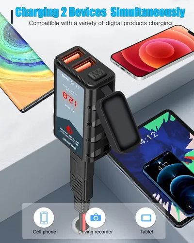 Vista 6 de EXTRACTME Cargador USB de motocicleta de 6.8 A, carga rápida 3.0 Dual USB Cargador de teléfono para motocicleta con voltímetro e interruptor