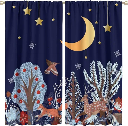 Vista 31 de YCness Cortinas para niños y niñas, diseño de animales de la selva, bosque de otoño, dibujos animados, ciervos, conejos, zorros, búhos, cortinas