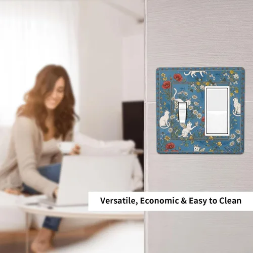 Vista 6 de Decorative Outlet Covers Blue Background White Cat Daisy Floral 2-Gang 1-Gang Wall Plate Single Toggle/Rocker Farmhouse Style Light Switch Covers