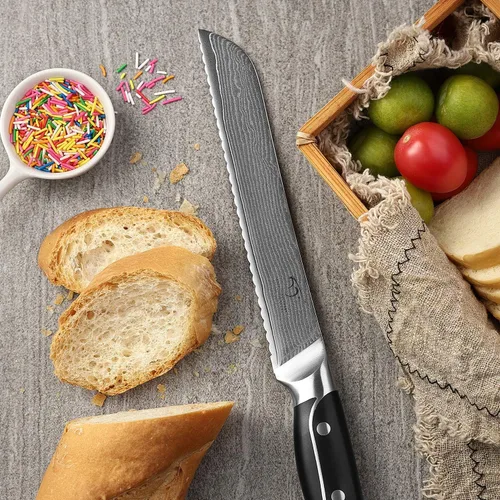 Vista 7 de Cuchillo de pan dentado de 8 pulgadas, cuchillo de cocina profesional de la serie XingRui forjado con VG10 Super Steel de 67 capas de Damasco, mango