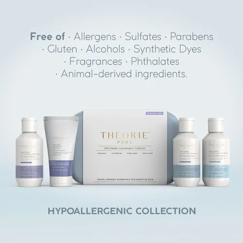 Vista 2 de THEORIE PURE - Juego de artículos de tocador de tamaño viaje, champú hipoalergénico, acondicionador, gel de baño y exfoliante corporal, sin