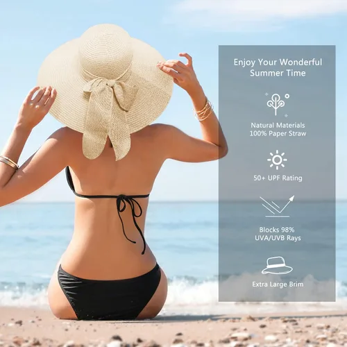 Vista 6 de Sombreros de playa para mujer, sombrero de paja flexible, protección UV, sombreros de vacaciones plegables de ala ancha, sombreros de viaje plegables