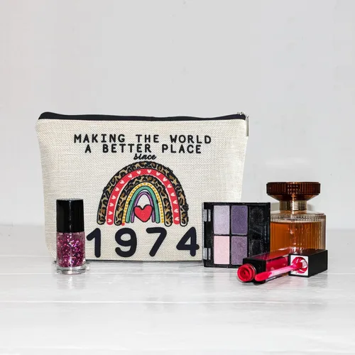 Vista 6 de Bolsas de maquillaje para cumpleaños número 50 para mujer, lavado de doble cara, impermeable, de lino, bolsa de viaje para cosméticos, bolsa
