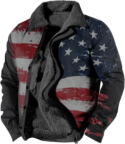 Vista 17 de LOAIHA Chaqueta de invierno para hombre, chaqueta de bandera estadounidense, abrigos occidentales para hombre, con cremallera, forro polar cálido