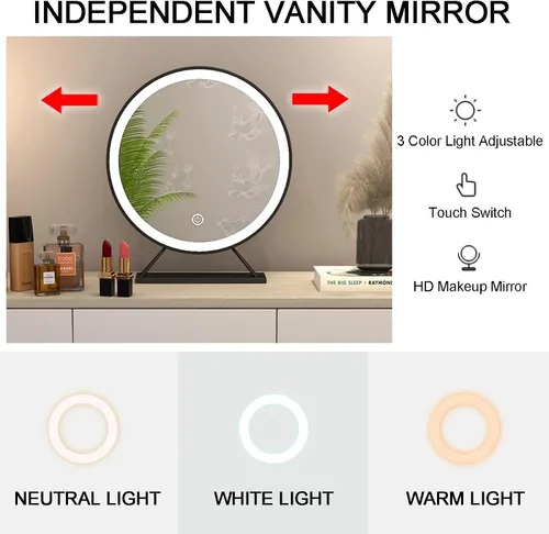 Vista 2 de Tocador de maquillaje con luces, brillo ajustable, 5 cajones, taburete acolchado suave, para dormitorio, estudio, tocador con espejo iluminado