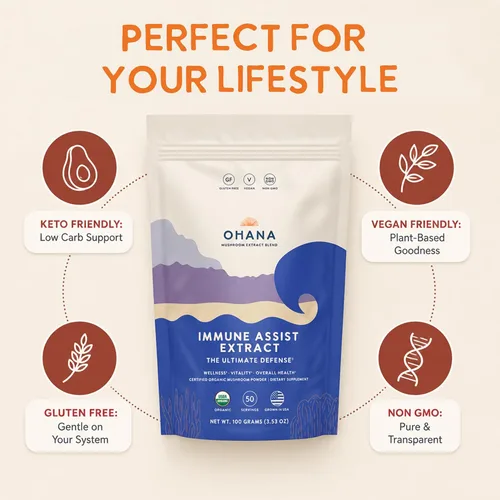 Vista 21 de Ohana Immune Assist Blend, polvo orgánico de hongos integrales USDA, mezcla de 8 hongos cultivados en Estados Unidos, ideal para energía, inmunidad