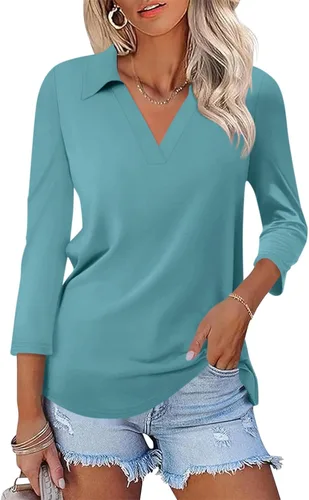 Vista 25 de TICTICMISS - Camisas polo de cuello en V para mujer, manga 3/4, con cuello, tops casuales de negocios, tops de verano a la moda, holgados