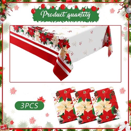 Vista 3 de Juego de manteles de plástico de 3 piezas, patrón de flor de pascua, rojo, rectangular y ovalado, desechable, resistente a las manchas