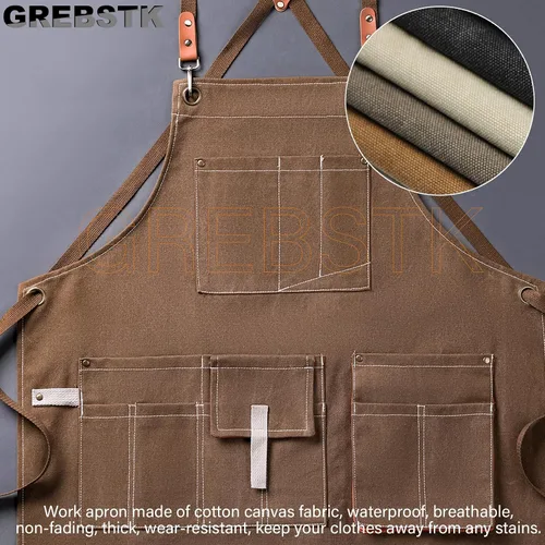 Vista 7 de GREBSTK Delantal de trabajo de lona Delantal de herramientas ajustable con espalda cruzada para carpintería, jardinería