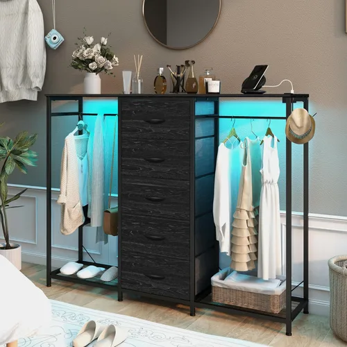 Vista 2 de Espelism Cómoda para dormitorio con perchero, cómoda de 5 cajones con estación de carga, luces LED, cómoda blanca, estante flexible y espacio