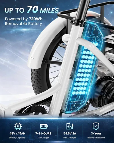 Vista 4 de MOONCOOL Triciclo eléctrico para adultos, 500 W/750 W 48 V, triciclo eléctrico plegable de potencia máxima 1100 W, neumático grueso de 20 x 3.0