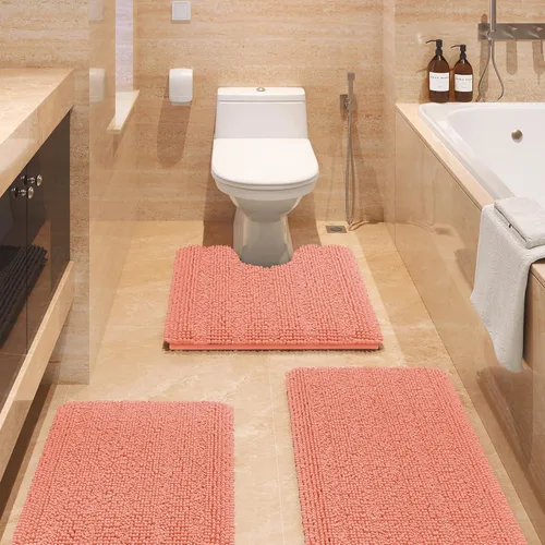 Vista 103 de ACCUMTEK - Juego de alfombras de baño a rayas beige de 3 piezas, ultrasuaves, antideslizantes de chenilla, alfombras de baño mullidas y absorbentes