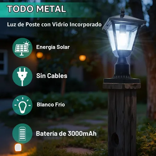 Vista 2 de Luces solares de poste de metal y vidrio, luces solares de poste del atardecer al amanecer con base de montaje en muelle, luces exteriores de 6000 K