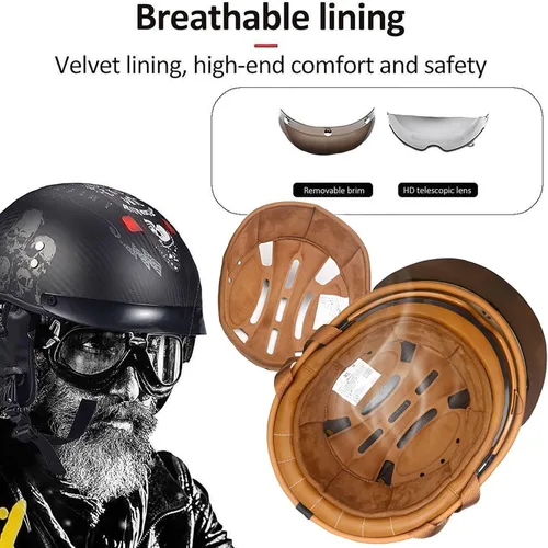 Vista 5 de Casco Moto Retro Jet para hombres y mujeres Homologado DOT, Medio Casco ABS, Ventilación Doble, Visera Retráctil y Forro Desmontable Fresco