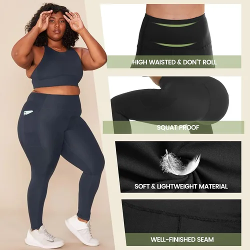 Vista 2 de HLTPRO Paquete de 3 leggings de talla grande con bolsillos para mujer, color negro, cintura alta, control de abdomen, pantalones de yoga suaves