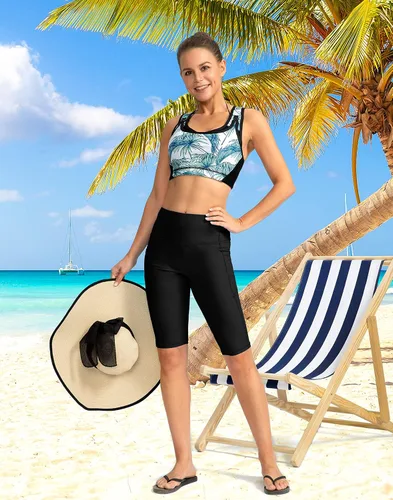 Vista 2 de SANTINY Pantalones cortos de natación de cintura alta de 812 pulgadas para mujer con bolsillos, UPF50+ pantalones cortos de natación largos