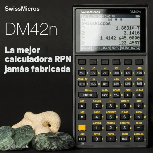 Vista 2 de SwissMicros Calculadora RPN DM42n: software HP 42S, carcasa de acero inoxidable 316L, precisión de 34 dígitos y solucionador de matriz