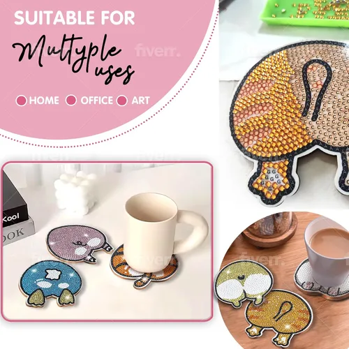 Vista 6 de 6 piezas de posavasos de pintura de diamante Posavasos de arte de diamante Pintura de arte de diamante de trasero de animal Regalo de arte
