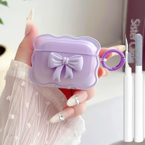 Vista 19 de Bonita funda transparente para AirPods Pro 2/1 Gen, diseño de lazo 3D femenino, funda protectora y a prueba de golpes de TPU suave Kawaii para Apple