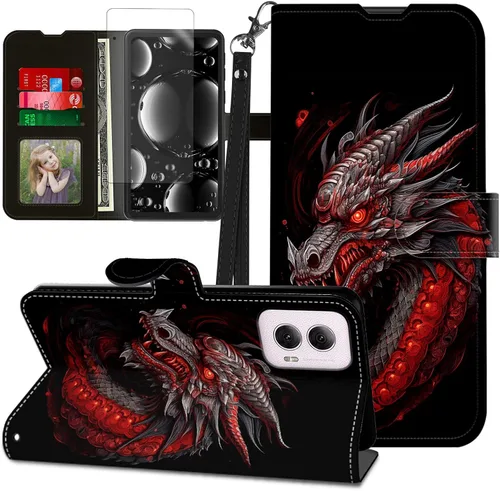 Vista 341 de Funda para Motorola Edge 2022 con protector de pantalla, soporte y tarjetero y correa para la muñeca, funda magnética para Moto Edge 2022 5G UW Lobo