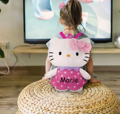 Vista 4 de Hello Kitty Accessory - Bolsa de peluche rosa con licencia oficial con nombre personalizado, Rosado, Bolsa de día