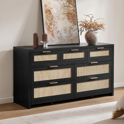 Vista 4 de SICOTAS Cómoda de 7 cajones para dormitorio, cómodas de ratán de 57" de ancho, cómoda grande con cajones para dormitorio, cómoda soporte de TV