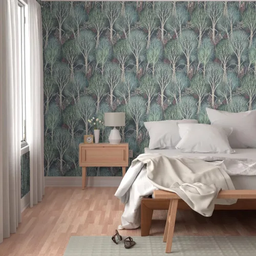 Vista 5 de Spoonflower Fairy Tale Woodland Pre-Pasted Removable Wallpaper Roll 24" x 108" Large Scalehand Drawn Neutral Gray Green Water-activated, simple