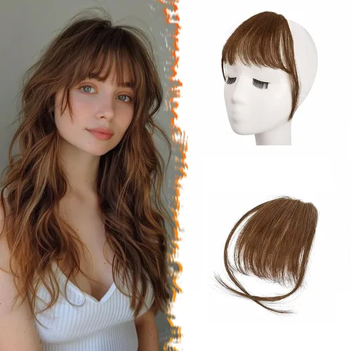 Vista 17 de BARSDAR Flequillo postizo de pelo humano real - Flequillo postizo 100% pelo humano para mujeres - Extensiones de flequillo ondulado castaño rojizo