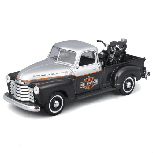Vista 2 de Maisto 1:24 Harley Davidson '48 FL Panhead + 1950 Chevrolet 3100 Pickup Juego de vehículos fundidos a troquel