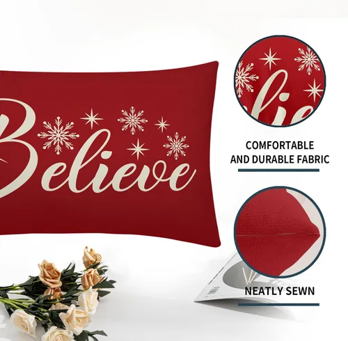 Vista 2 de Believe - Juego de 2 fundas de almohada lumbares de Navidad rojas rectangulares con copos de nieve para sofá, fundas de almohada de vacaciones