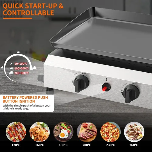 Vista 4 de SKOK Plancha de Propano para Exteriores de 3 Quemadores - 23.3 Pulgadas, 30000 BTU, Plancha Portátil de Gas de Superficie Plana para Camping y BBQ