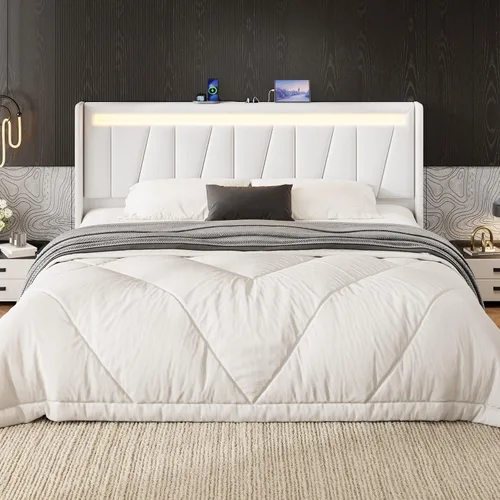 Vista 11 de SHA CERLIN - Base de cama tamaño King con estación de carga y luces LED, cama moderna de plataforma de terciopelo con cabecera tapizada geométrica