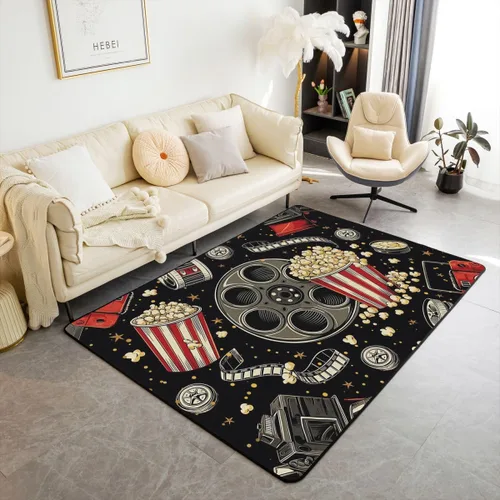 Vista 11 de Alfombra de área de película con letrero de neón de 3 x 5 pulgadas, alfombra vintage de entradas de cine para niños y adolescentes, alfombra