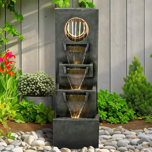 Vista 11 de Naturefalls Fuente moderna para exteriores de 38.7 pulgadas de alto, fuentes de jardín al aire libre de 4 niveles con diseño contemporáneo y luz LED