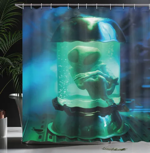 Vista 3 de Ambesonne Cortina de ducha del espacio exterior, imagen artística de un OVNI marciano en un acuario, imagen de arte de tubo, juego de decoración