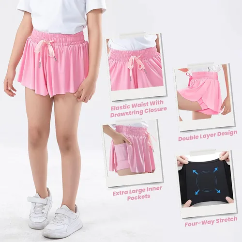 Vista 2 de Paquete de 3 pantalones cortos fluidos para niñas con bolsillos, 2 en 1, faldas de mariposa fluidas para jóvenes, pantalones cortos para correr